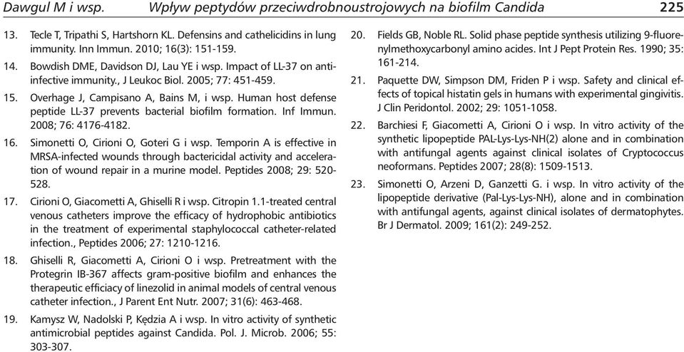 Human host defense peptide LL-37 prevents bacterial biofilm formation. Inf Immun. 2008; 76: 4176-4182. 16. Simonetti O, Cirioni O, Goteri G i wsp.