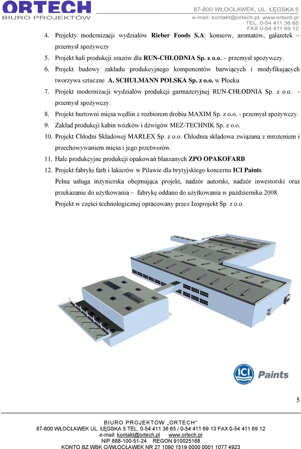 Projekt modernizacji wydziałów produkcji garmażeryjnej RUN-CHŁODNIA Sp. z o.o. - przemysł spożywczy. 8. Projekt hurtowni mięsa wędlin z rozbiorem drobiu MAXIM Sp. z o.o. - przemysł spożywczy. 9.