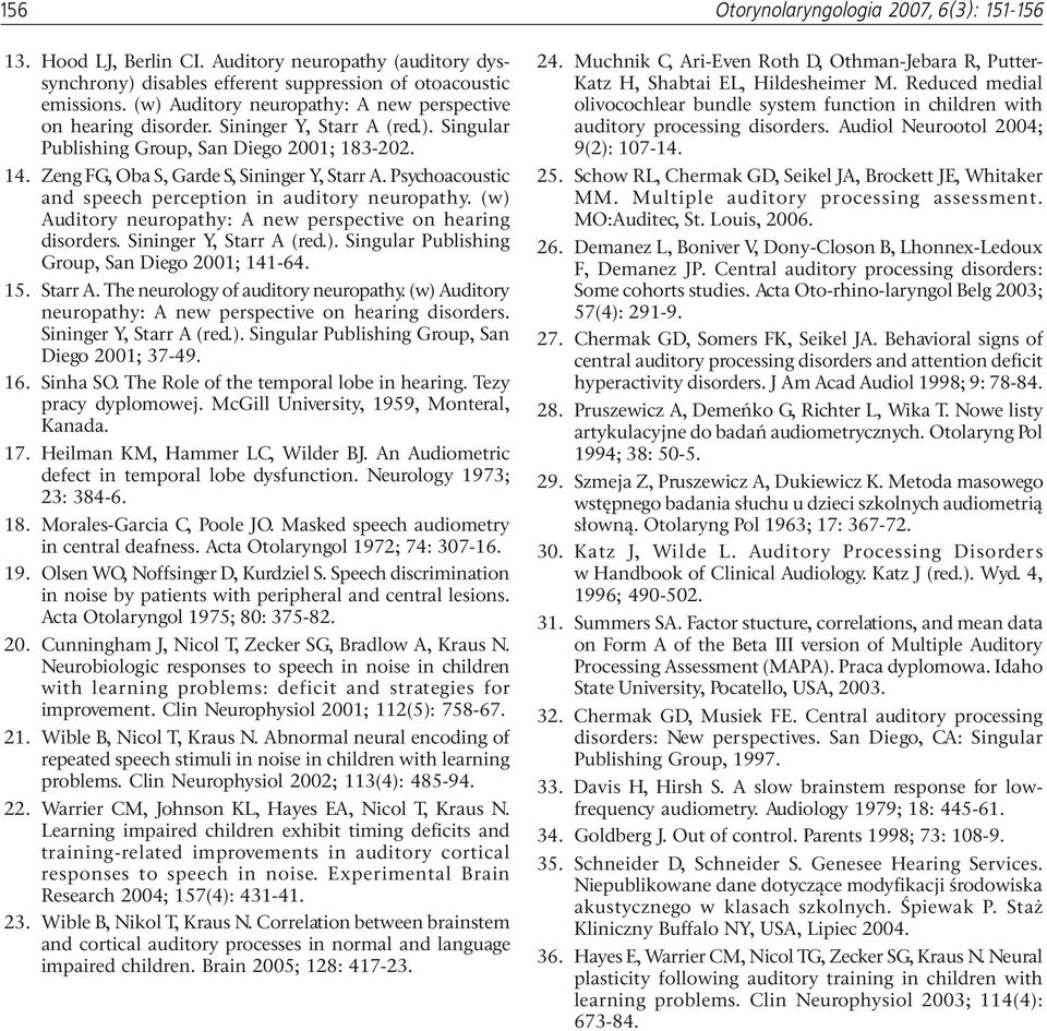 Psychoacoustic and speech perception in auditory neuropathy. (w) Auditory neuropathy: A new perspective on hearing disorders. Sininger Y, Starr A (red.). Singular Publishing Group, San Diego 2001; 141-64.