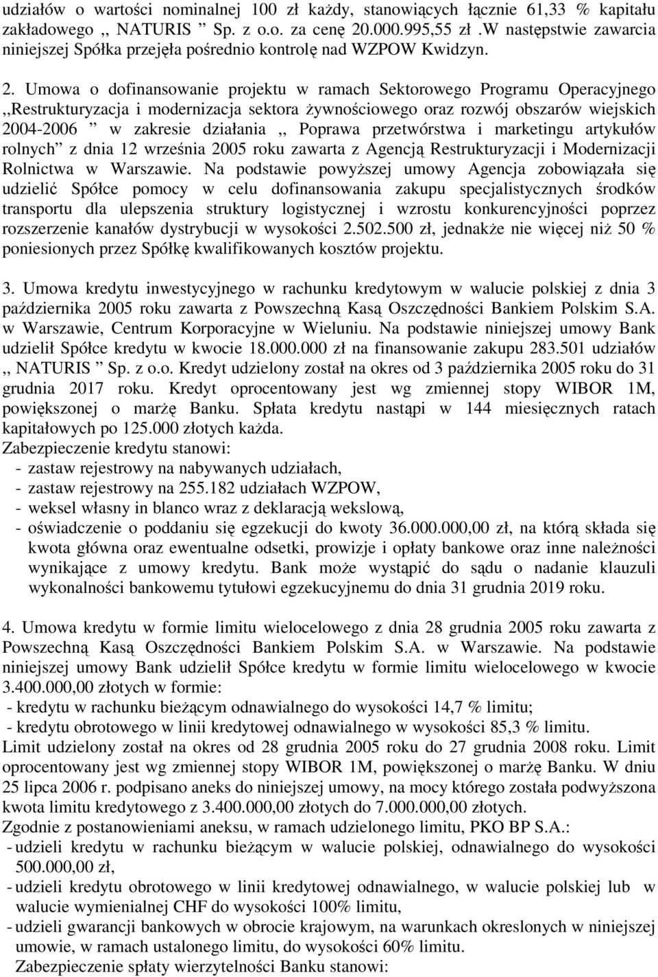 Umowa o dofinansowanie projektu w ramach Sektorowego Programu Operacyjnego,,Restrukturyzacja i modernizacja sektora żywnościowego oraz rozwój obszarów wiejskich 2004-2006 w zakresie działania,,