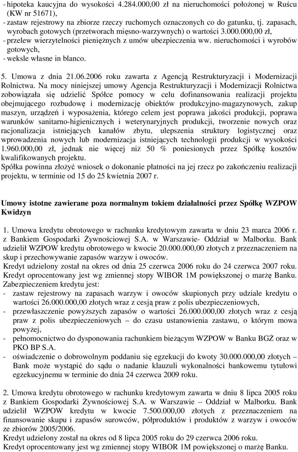 nieruchomości i wyrobów gotowych, - weksle własne in blanco. 5. Umowa z dnia 21.06.2006 roku zawarta z Agencją Restrukturyzacji i Modernizacji Rolnictwa.