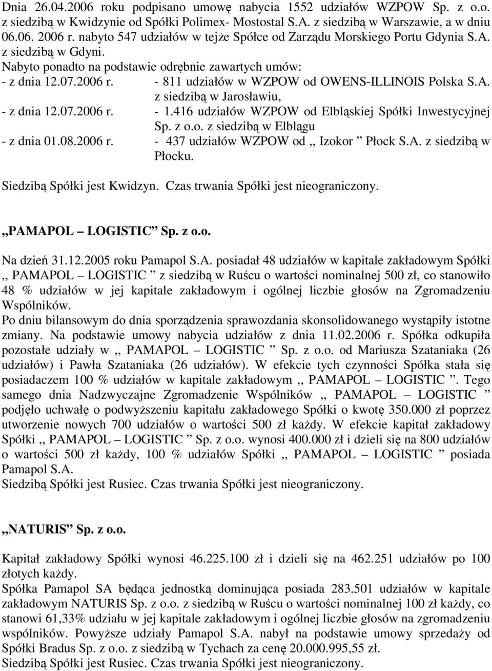 - 811 udziałów w WZPOW od OWENS-ILLINOIS Polska S.A. z siedzibą w Jarosławiu, - z dnia 12.07.2006 r. - 1.416 udziałów WZPOW od Elbląskiej Spółki Inwestycyjnej Sp. z o.o. z siedzibą w Elblągu - z dnia 01.