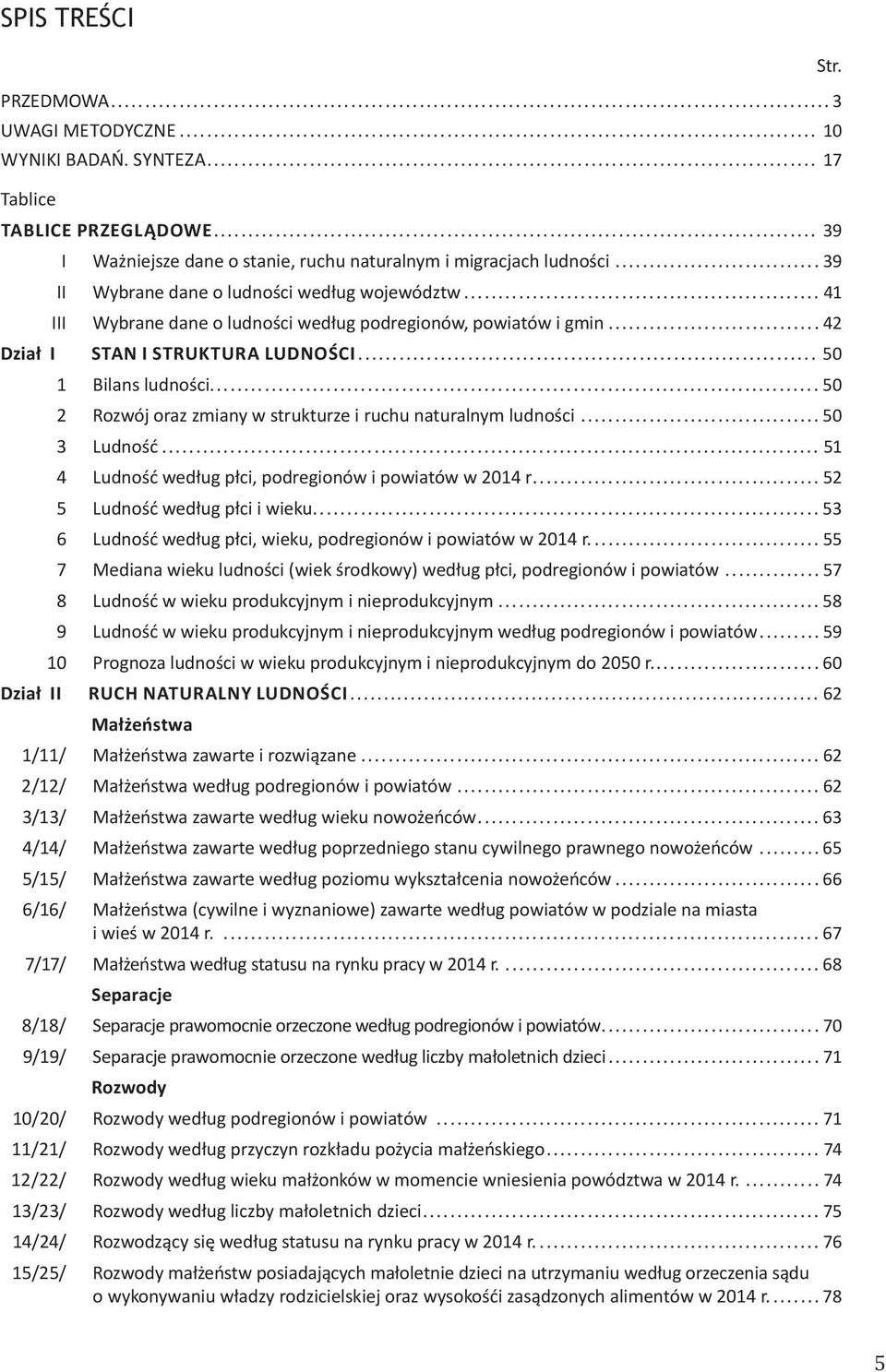 .. 50 2 Rozwój oraz zmiany w strukturze i ruchu naturalnym ludności...50 3 Ludność... 51 4 Ludność według płci, podregionów i powiatów w 2014 r... 52 5 Ludność według płci i wieku.