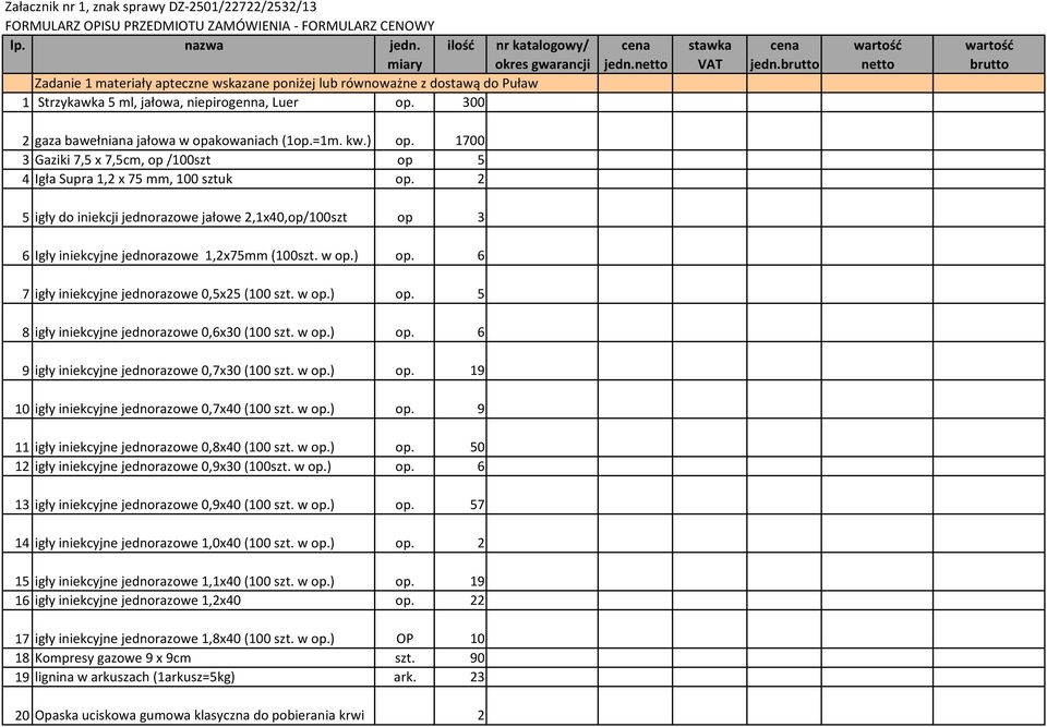 brutto wartość netto wartość brutto 2 gaza bawełniana jałowa w opakowaniach (1op.=1m. kw.) op. 1700 3 Gaziki 7,5 x 7,5cm, op /100szt op 5 4 Igła Supra 1,2 x 75 mm, 100 sztuk op.