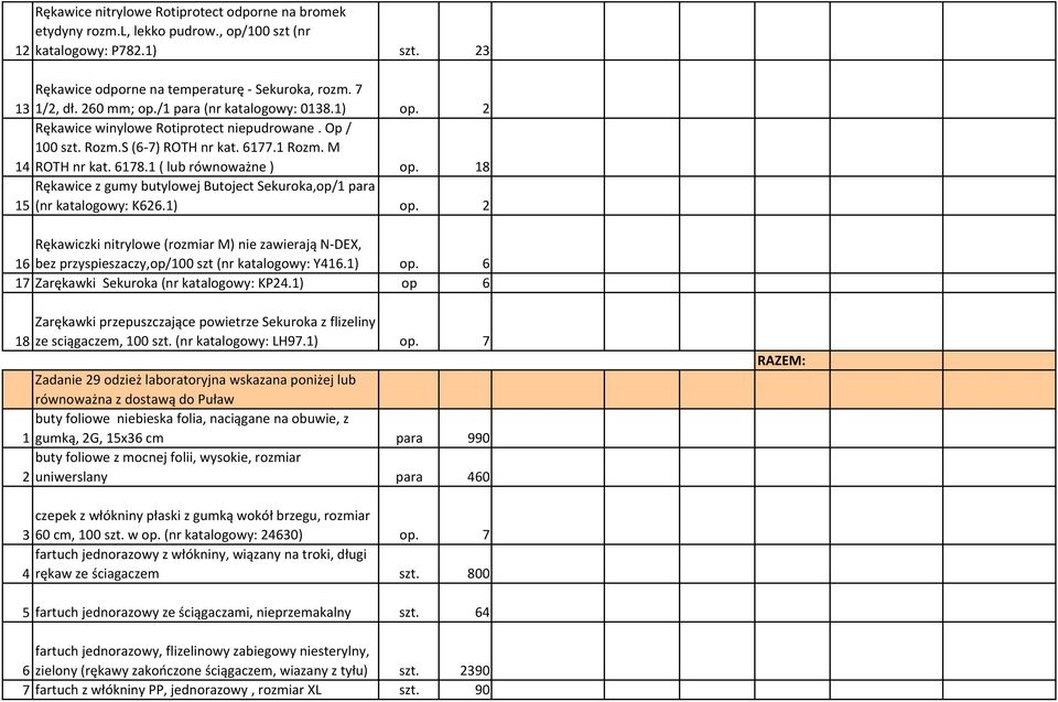 18 Rękawice z gumy butylowej Butoject Sekuroka,op/1 para 15 (nr katalogowy: K626.1) op. 2 Rękawiczki nitrylowe (rozmiar M) nie zawierają N-DEX, 16 bez przyspieszaczy,op/100 szt (nr katalogowy: Y416.