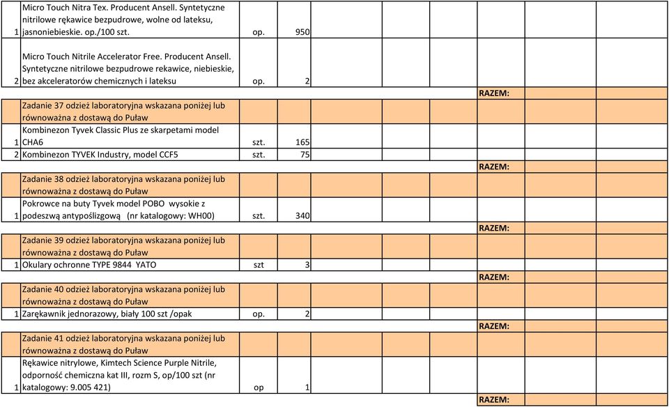 75 Zadanie 38 odzież laboratoryjna wskazana poniżej lub Pokrowce na buty Tyvek model POBO wysokie z 1 podeszwą antypoślizgową (nr katalogowy: WH00) szt.