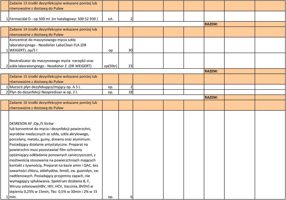 narzędzi oraz szkła laboratoryjnego - Neodisher Z (DR WEIGERT) op(5litr) 23 Zadanie 15 środki dezynfekcyjne wskazane poniżej lub 1 Mucocit płyn dezyfekująco/myjący op. A 5 L op.