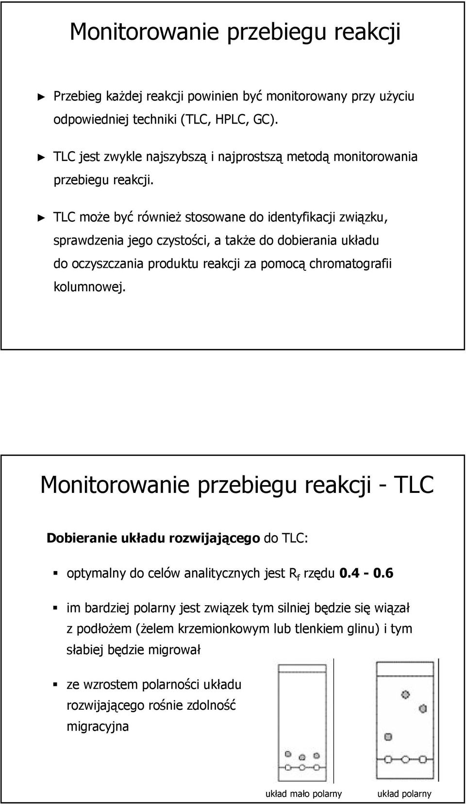 TLC może być również stosowane do identyfikacji związku, sprawdzenia jego czystości, a także do dobierania układu do oczyszczania produktu reakcji za pomocą chromatografii kolumnowej.