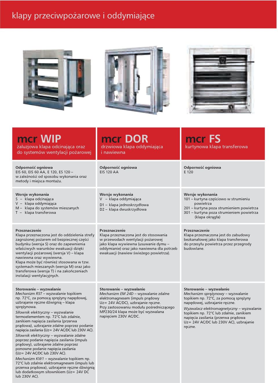 EIS 120 AA E 120 S klapa odcinająca V klapa oddymiająca M klapa do systemów mieszanych T klapa transferowa V klapa oddymiająca D1 klapa jednoskrzydłowa D2 klapa dwuskrzydłowa 101 kurtyna częściowo w