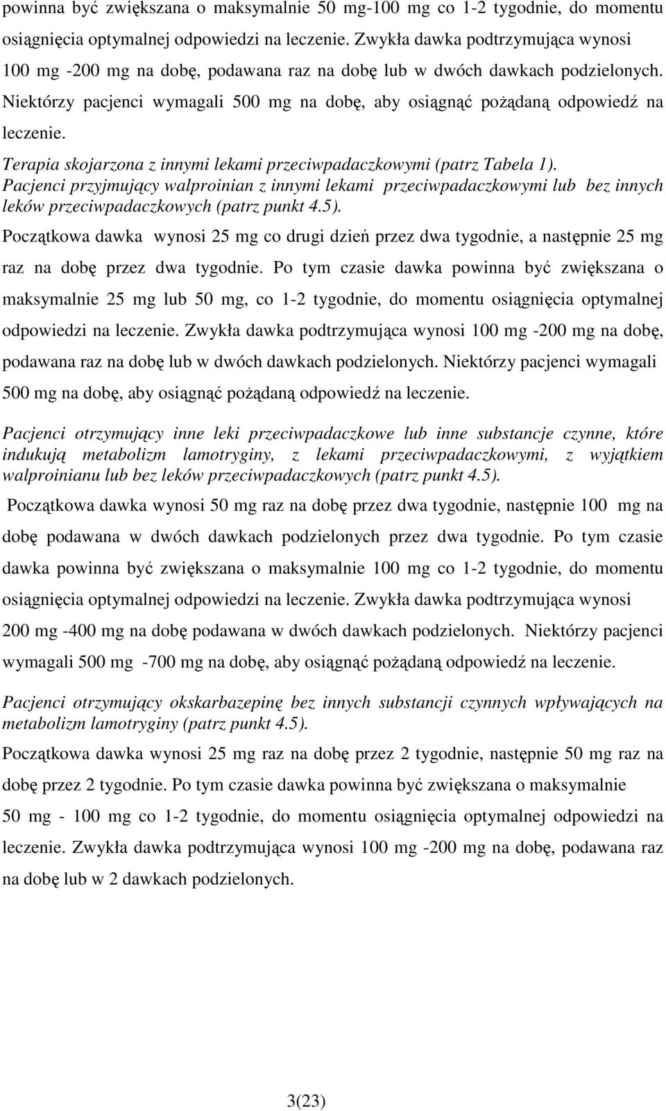 Niektórzy pacjenci wymagali 500 mg na dobę, aby osiągnąć poŝądaną odpowiedź na leczenie. Terapia skojarzona z innymi lekami przeciwpadaczkowymi (patrz Tabela 1).