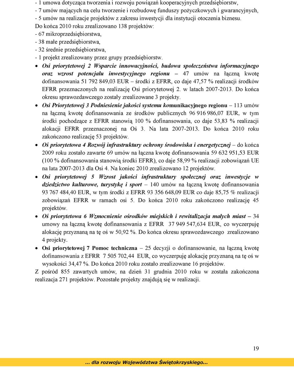 Do końca 2010 roku zrealizowano 138 projektów: - 67 mikroprzedsiębiorstwa, - 38 małe przedsiębiorstwa, - 32 średnie przedsiębiorstwa, - 1 projekt zrealizowany przez grupy przedsiębiorstw.