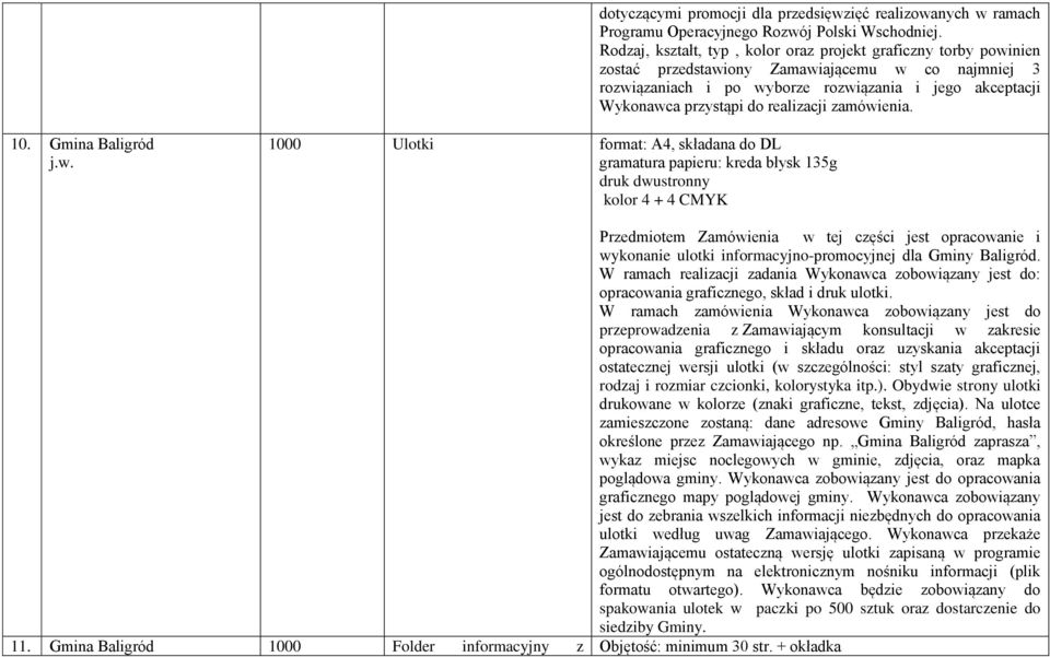 Gmina Baligród 1000 Ulotki format: A4, składana do DL gramatura papieru: kreda błysk 135g druk dwustronny kolor 4 + 4 CMYK Przedmiotem Zamówienia w tej części jest opracowanie i wykonanie ulotki