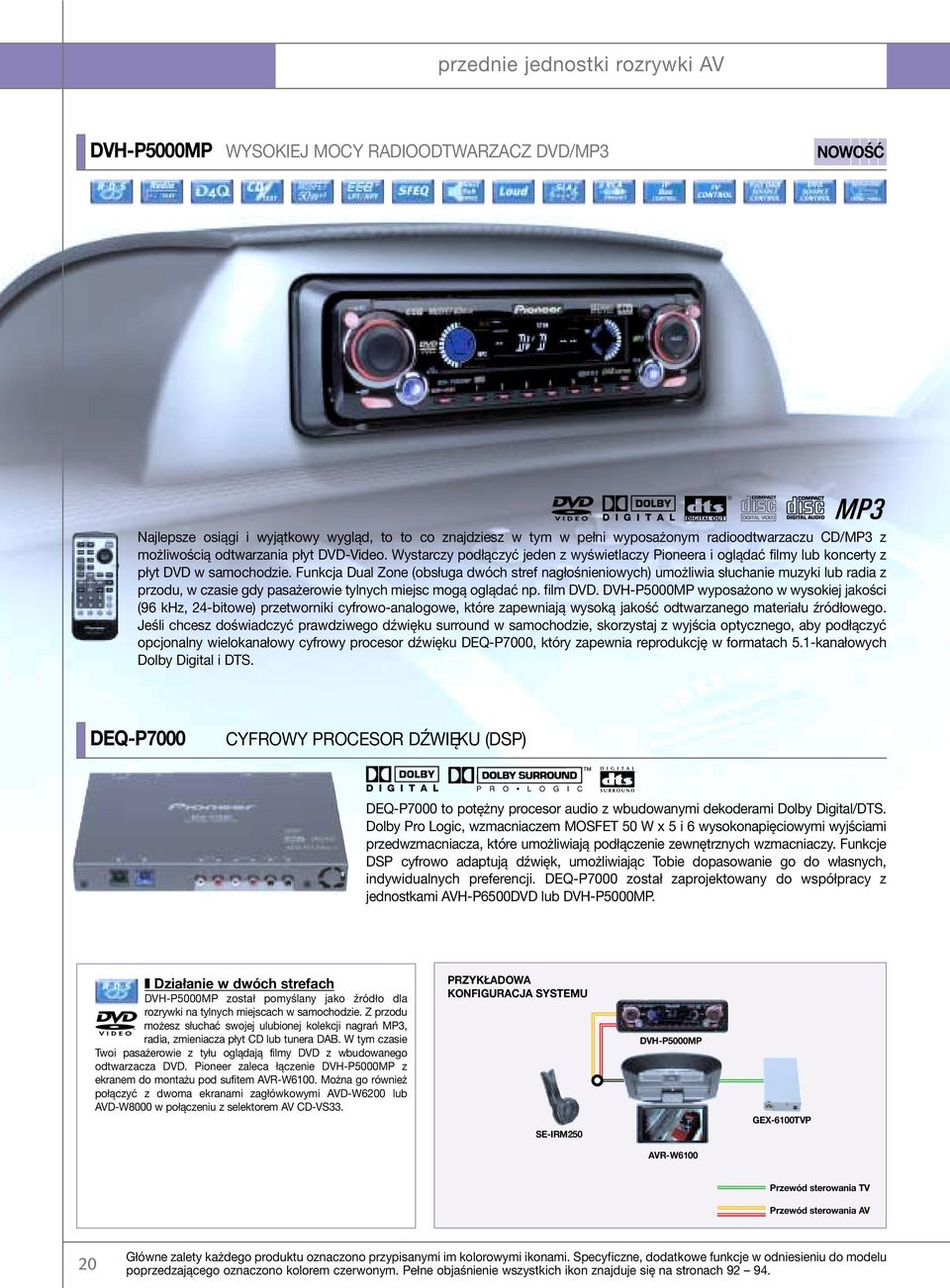 Funkcja Dual Zone (obsługa dwóch stref nagłośnieniowych) umożliwia słuchanie muzyki lub radia z przodu, w czasie gdy pasażerowie tylnych miejsc mogą oglądać np. film DVD.