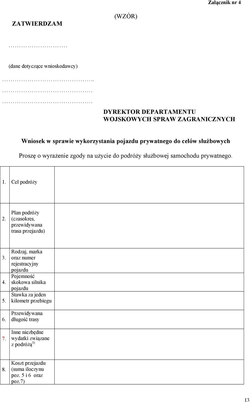 zgody na użycie do podróży służbowej samochodu prywatnego. 1. Cel podróży 2. Plan podróży (czasokres, przewidywana trasa przejazdu) 3. 4. 5. 6. 7.