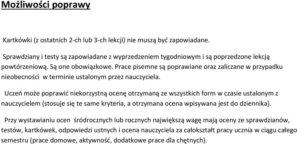 Prace pisemne są poprawiane oraz zaliczane w przypadku nieobecności w terminie ustalonym przez nauczyciela.