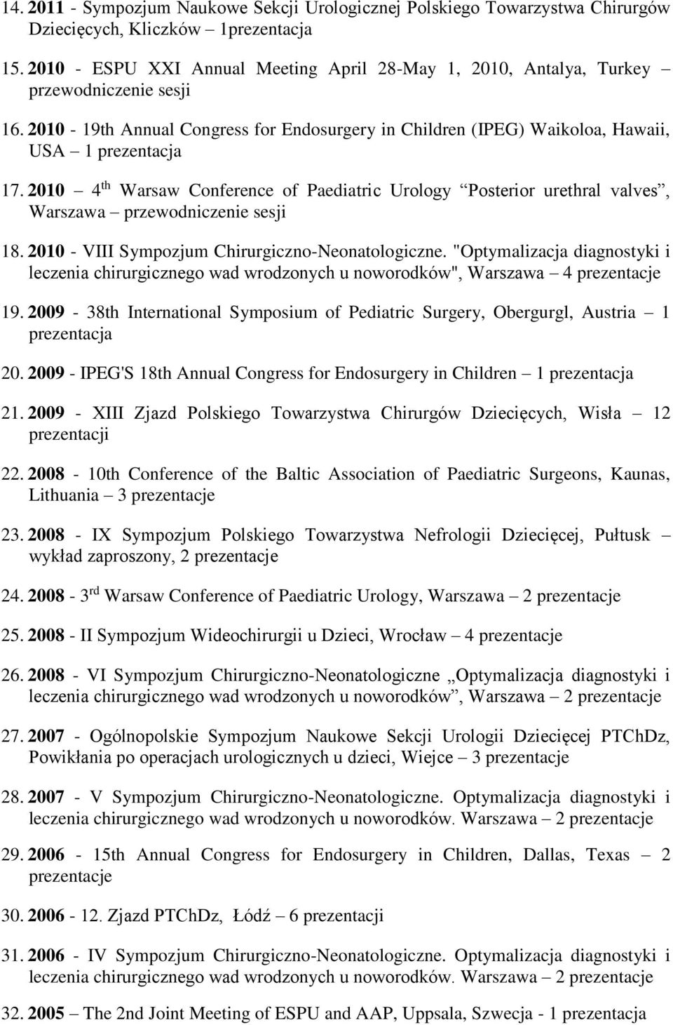 2010 4 th Warsaw Conference of Paediatric Urology Posterior urethral valves, Warszawa przewodniczenie sesji 18. 2010 - VIII Sympozjum Chirurgiczno-Neonatologiczne.