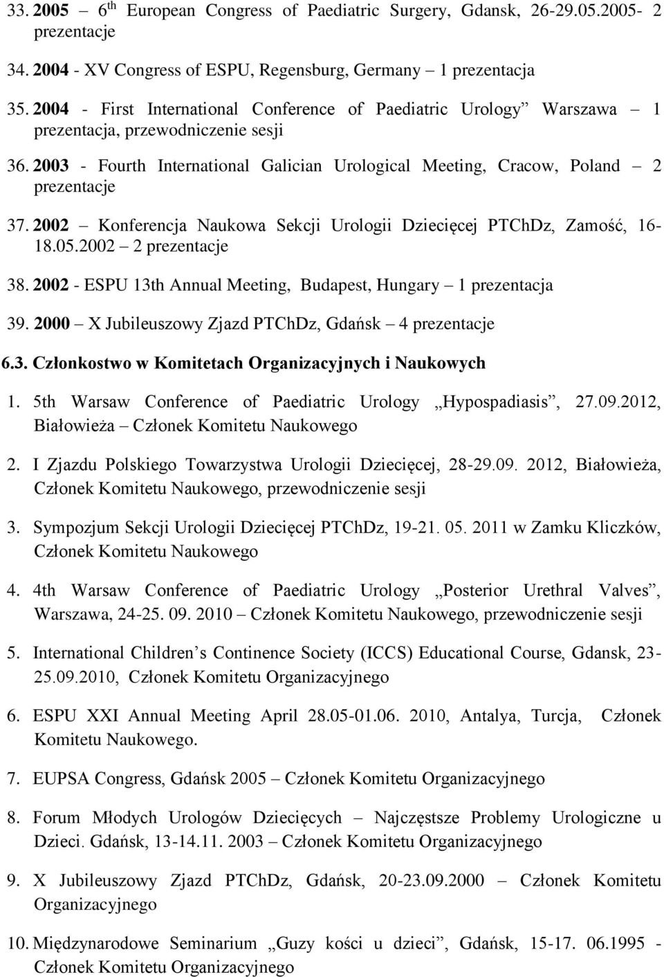 2002 Konferencja Naukowa Sekcji Urologii Dziecięcej PTChDz, Zamość, 16-18.05.2002 2 prezentacje 38. 2002 - ESPU 13th Annual Meeting, Budapest, Hungary 1 prezentacja 39.