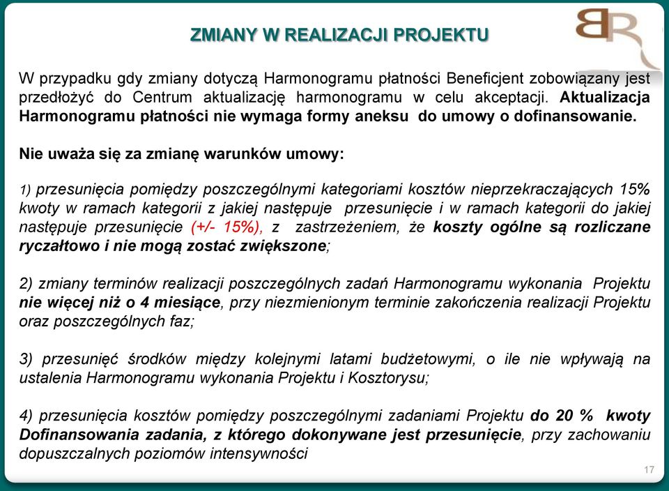 Nie uważa się za zmianę warunków umowy: 1) przesunięcia pomiędzy poszczególnymi kategoriami kosztów nieprzekraczających 15% kwoty w ramach kategorii z jakiej następuje przesunięcie i w ramach