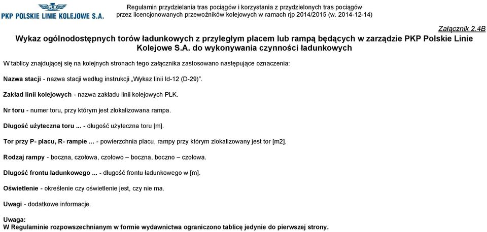 - nazwa zakładu linii PLK. - numer toru, przy którym jest zlokalizowana rampa. toru... - długość. P- placu, R- rampie... - powierzchnia placu, rampy przy którym zlokalizowany jest tor.