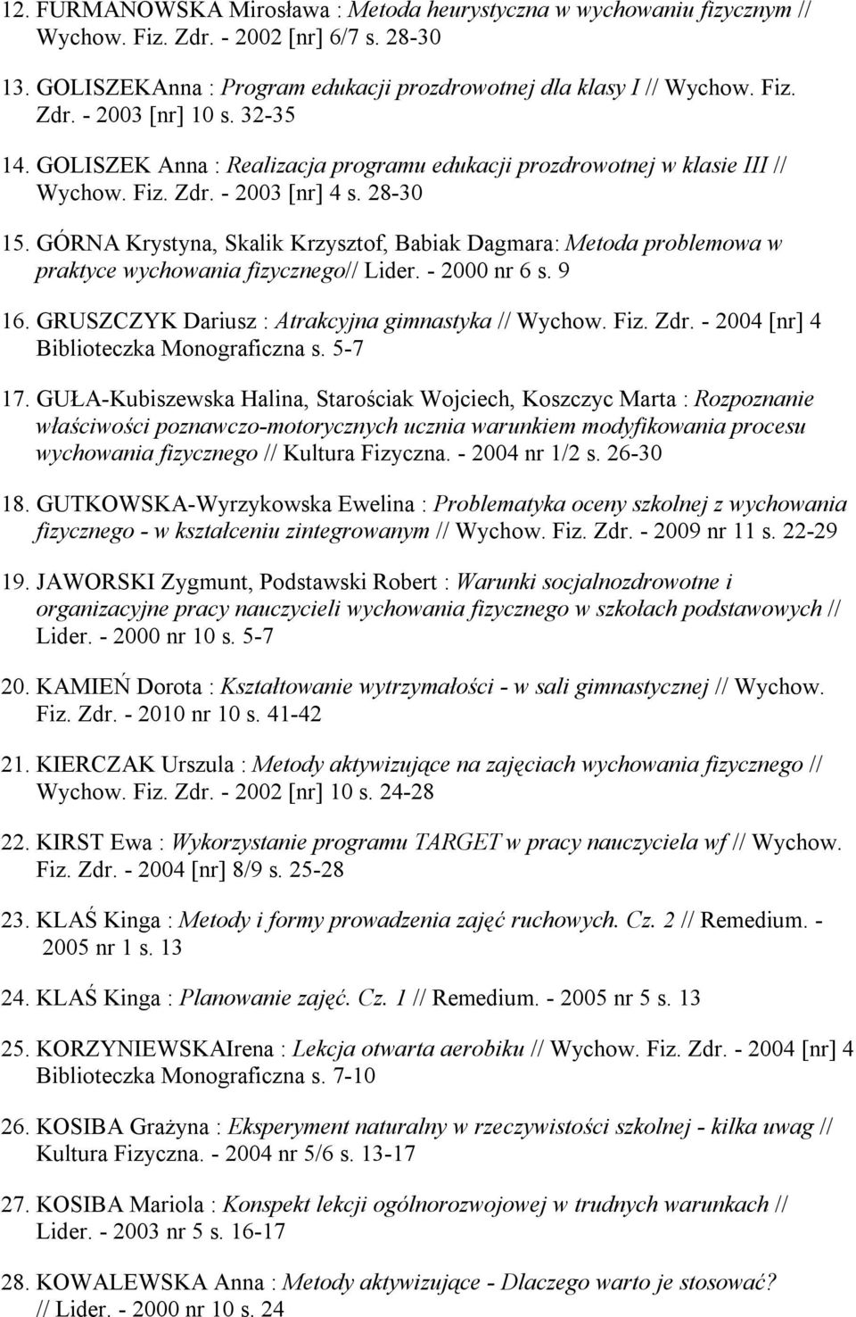 GÓRNA Krystyna, Skalik Krzysztof, Babiak Dagmara: Metoda problemowa w praktyce wychowania fizycznego// Lider. - 2000 nr 6 s. 9 16. GRUSZCZYK Dariusz : Atrakcyjna gimnastyka // Wychow. Fiz. Zdr.