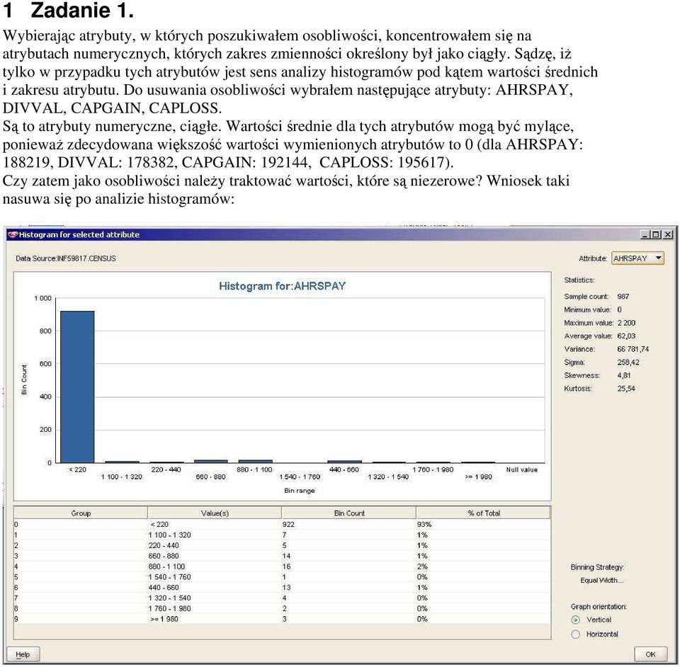 Do usuwania osobliwości wybrałem następujące atrybuty: AHRSPAY, DIVVAL, CAPGAIN, CAPLOSS. Są to atrybuty numeryczne, ciągłe.