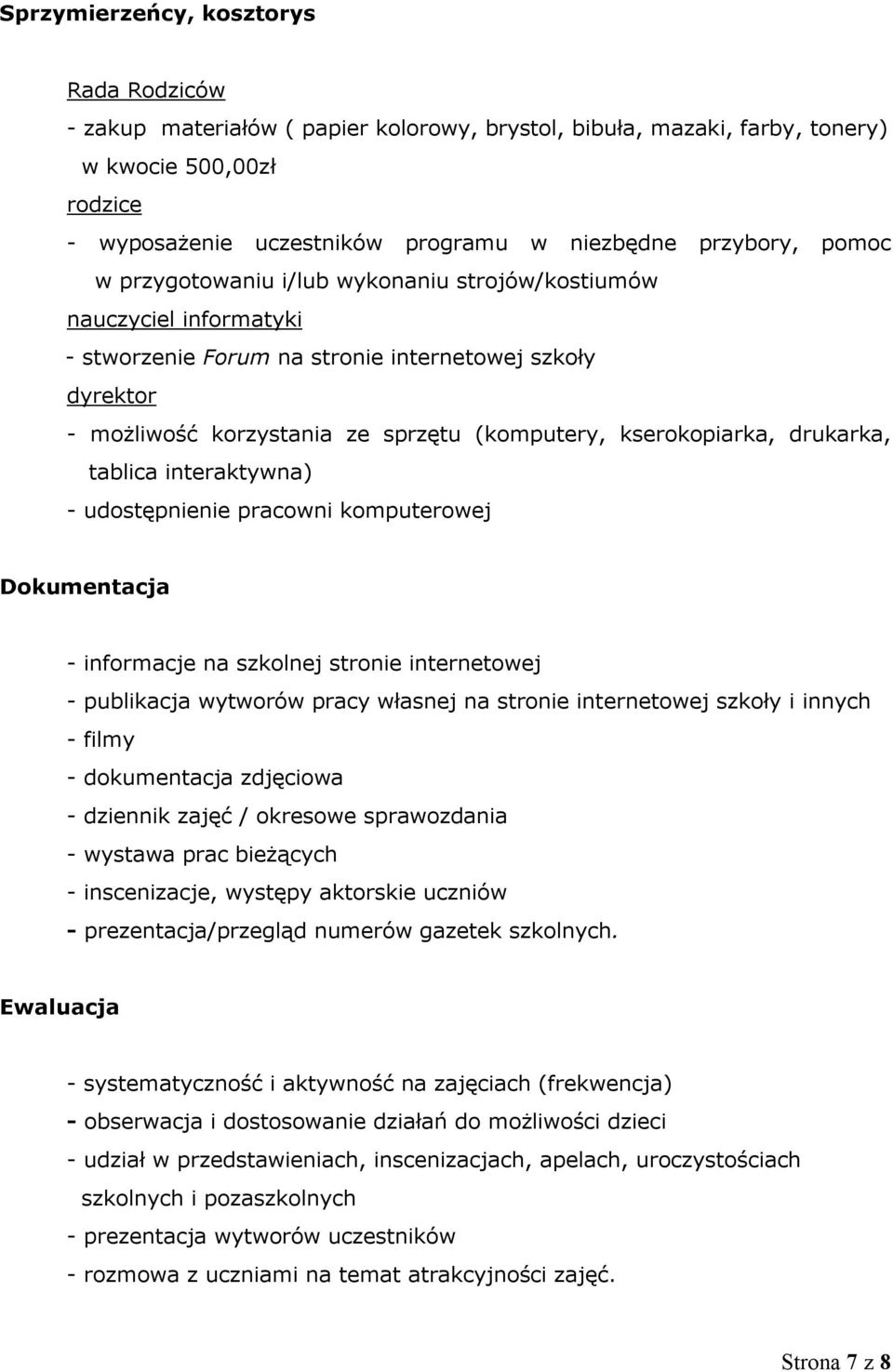 kserokopiarka, drukarka, tablica interaktywna) - udostępnienie pracowni komputerowej Dokumentacja - informacje na szkolnej stronie internetowej - publikacja wytworów pracy własnej na stronie