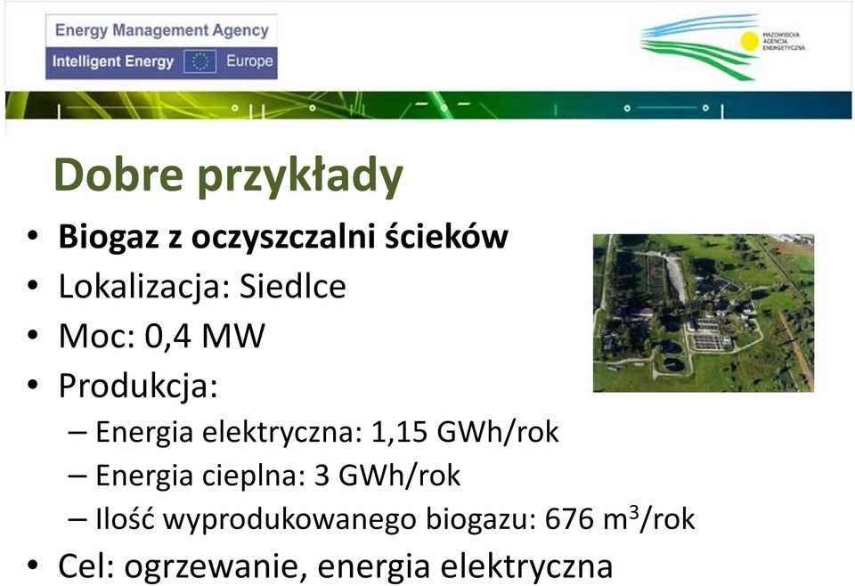 elektryczna: 1,15 GWh/rok Energia cieplna: 3 GWh/rok