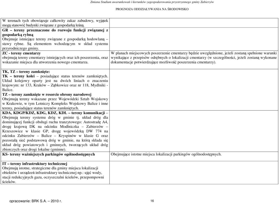 Są elementem wchodzącym w skład systemu przyrodniczego gminy. ZC - tereny cmentarzy obejmują tereny cmentarzy istniejących oraz ich poszerzenia, oraz wskazanie miejsca dla utworzenia nowego cmentarza.