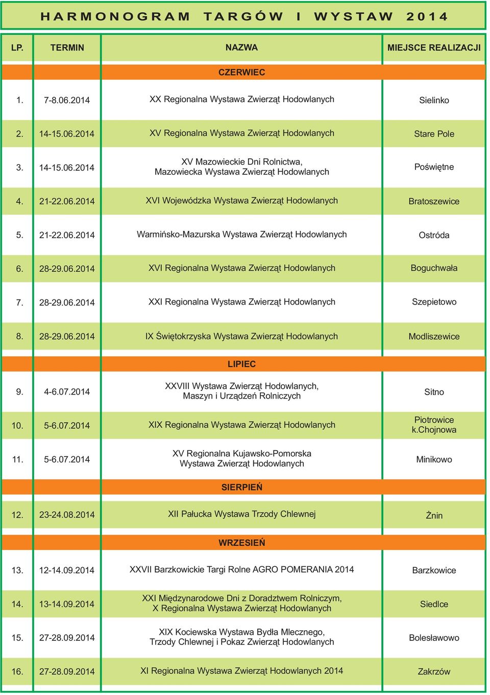 28-29.06.2014 XVI Regionalna Wystawa Zwierząt Hodowlanych Boguchwała 7. 28-29.06.2014 XXI Regionalna Wystawa Zwierząt Hodowlanych Szepietowo 8. 28-29.06.2014 IX Świętokrzyska Wystawa Zwierząt Hodowlanych Modliszewice LIPIEC 9.