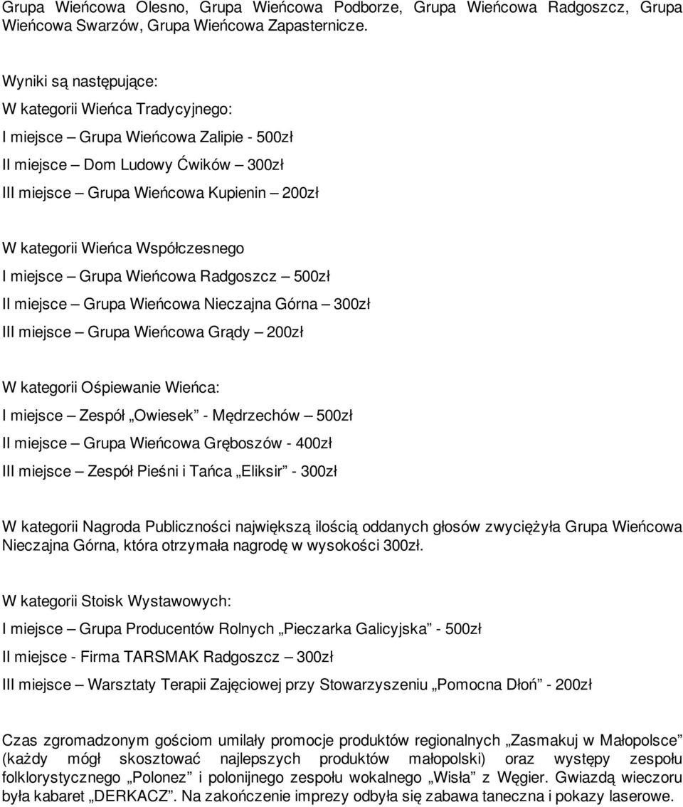 Współczesnego I miejsce Grupa Wieńcowa Radgoszcz 500zł II miejsce Grupa Wieńcowa Nieczajna Górna 300zł III miejsce Grupa Wieńcowa Grądy 200zł W kategorii Ośpiewanie Wieńca: I miejsce Zespół Owiesek -