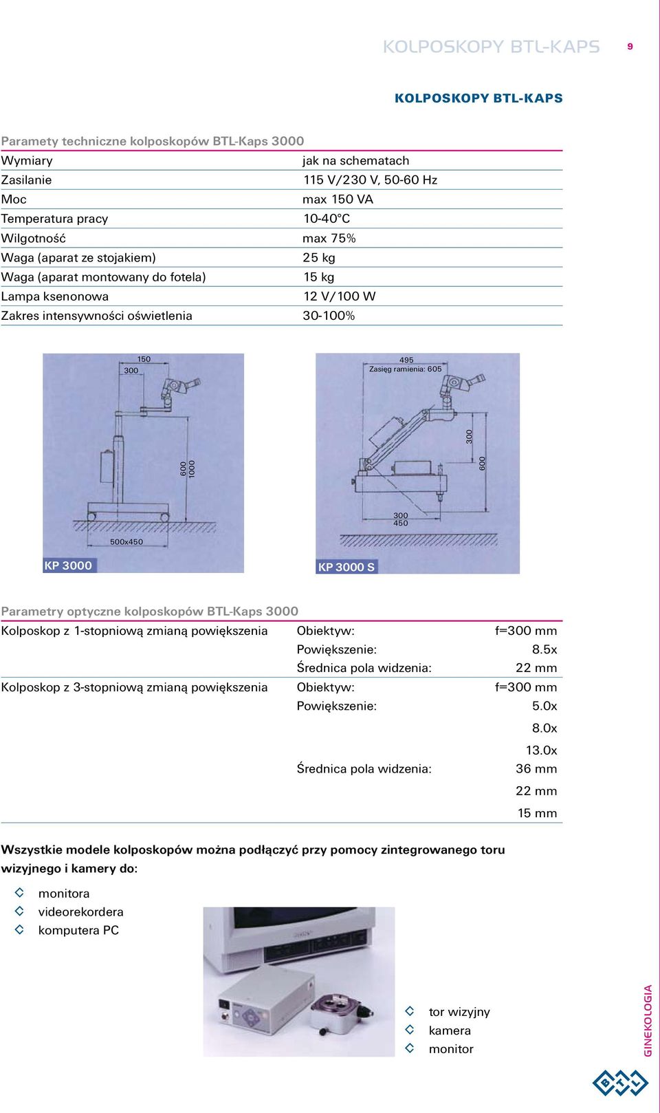 450 500x450 KP 3000 KP 3000 S Parametry optyczne kolposkopów BTL-Kaps 3000 Kolposkop z 1-stopniową zmianą powiększenia Obiektyw: f=300 mm Powiększenie: 8.