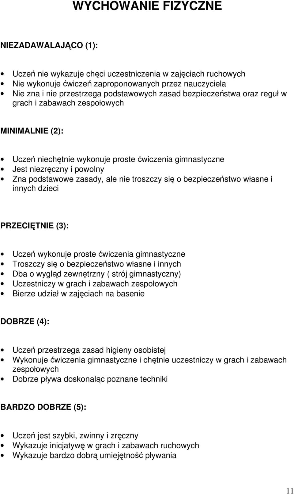 troszczy się o bezpieczeństwo własne i innych dzieci PRZECIĘTNIE (3): Uczeń wykonuje proste ćwiczenia gimnastyczne Troszczy się o bezpieczeństwo własne i innych Dba o wygląd zewnętrzny ( strój