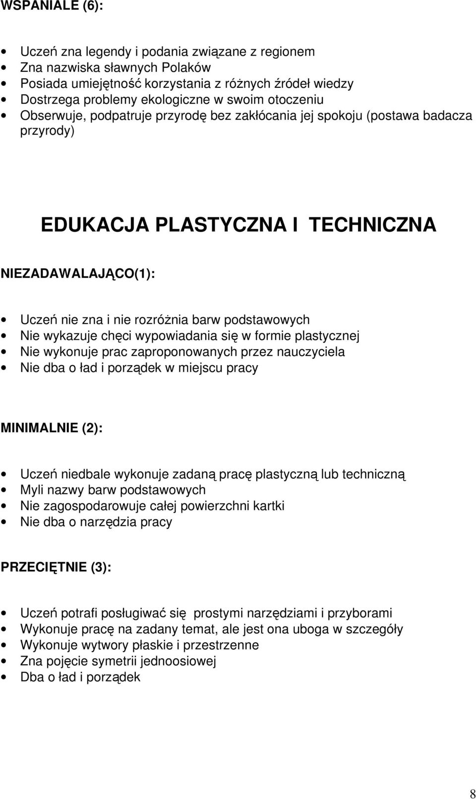 chęci wypowiadania się w formie plastycznej Nie wykonuje prac zaproponowanych przez nauczyciela Nie dba o ład i porządek w miejscu pracy MINIMALNIE (2): Uczeń niedbale wykonuje zadaną pracę