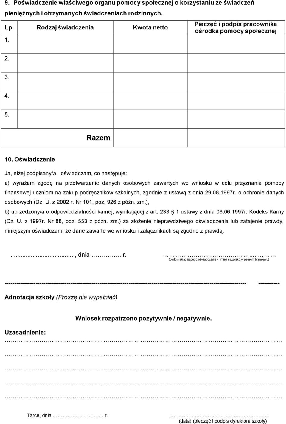 Oświadczenie Ja, niżej podpisany/a, oświadczam, co następuje: a) wyrażam zgodę na przetwarzanie danych osobowych zawartych we wniosku w celu przyznania pomocy finansowej uczniom na zakup podręczników