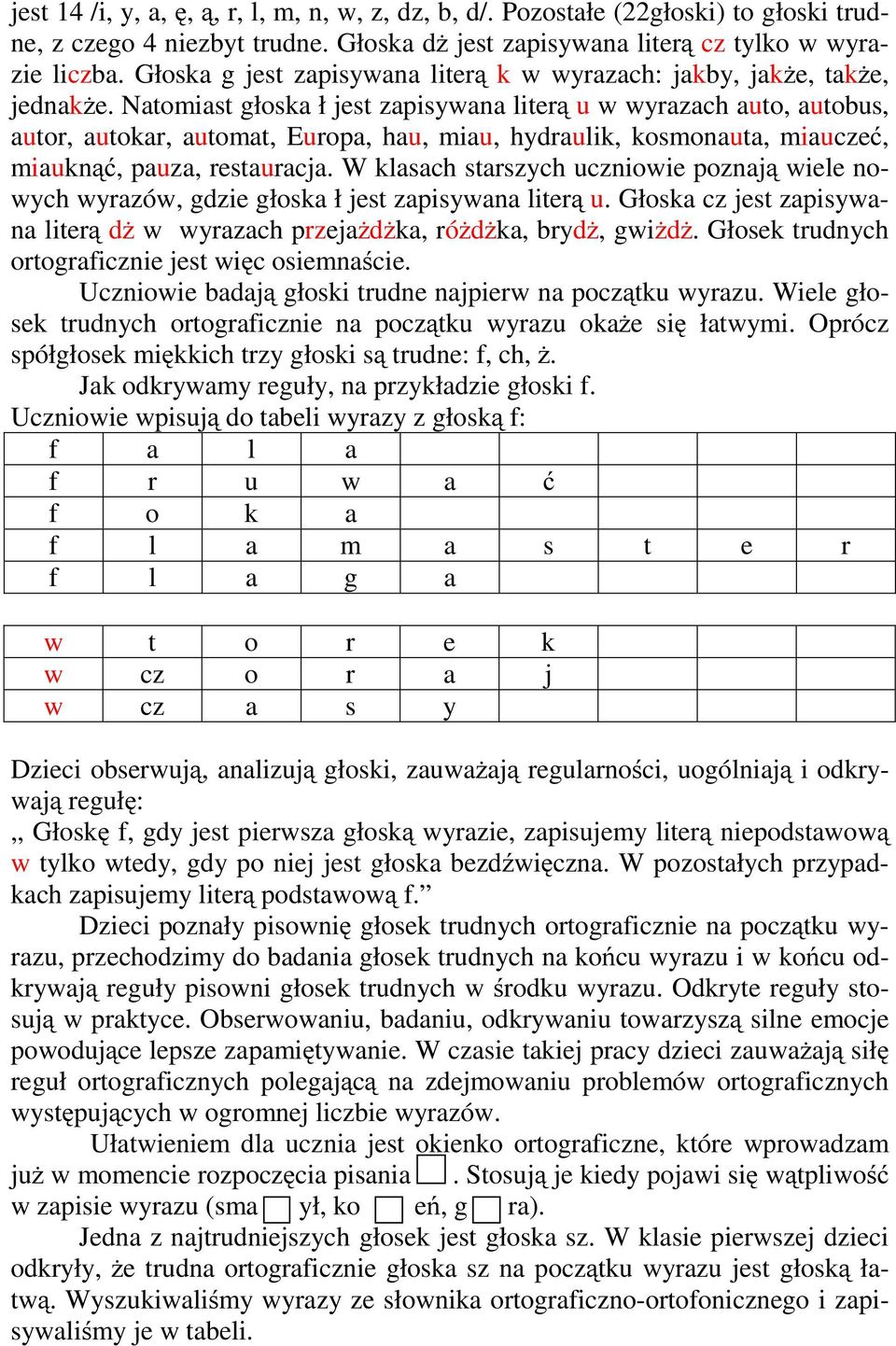 Natomiast głoska ł jest zapisywana literą u w wyrazach auto, autobus, autor, autokar, automat, Europa, hau, miau, hydraulik, kosmonauta, miauczeć, miauknąć, pauza, restauracja.