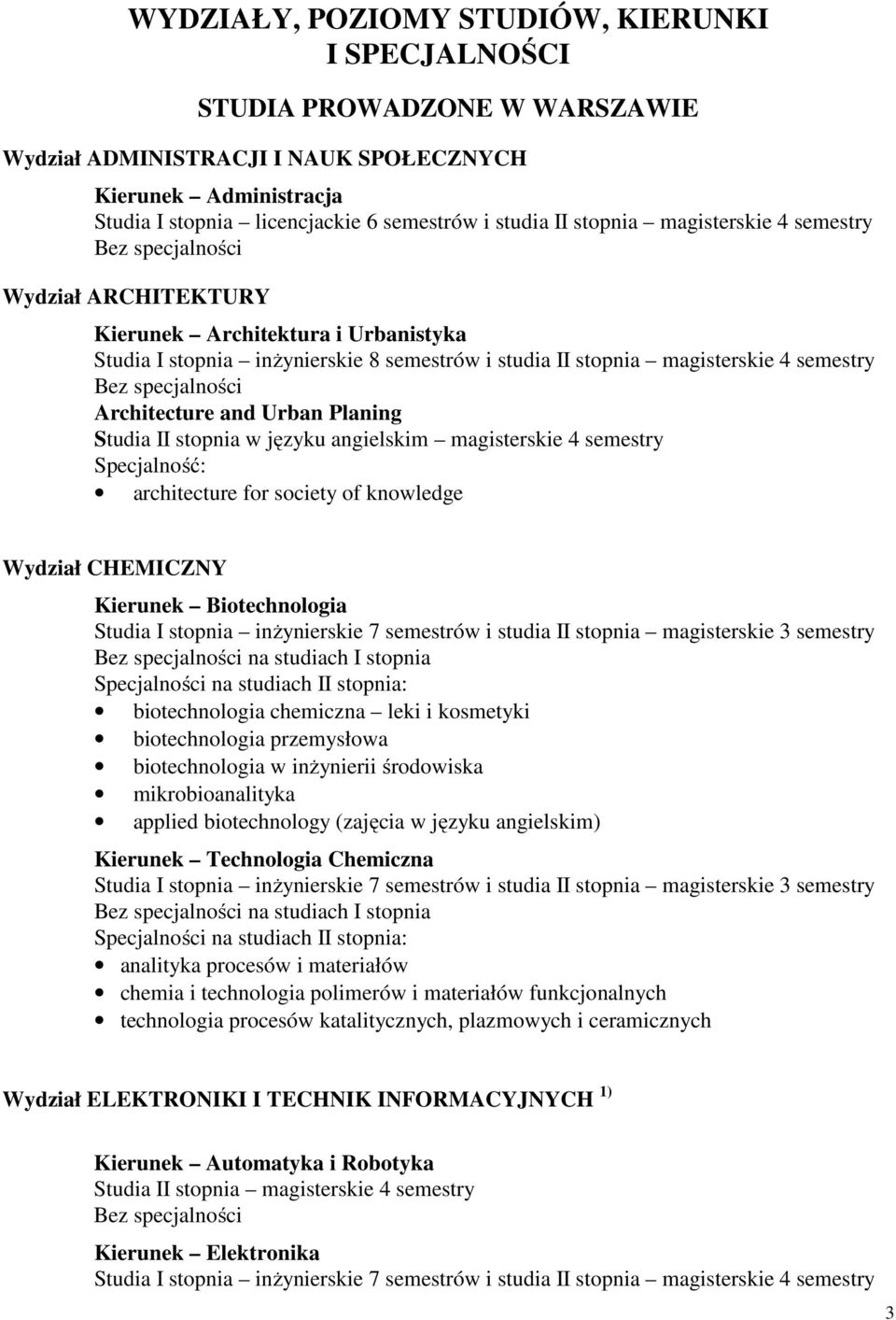 specjalności Architecture and Urban Planing Studia II stopnia w języku angielskim magisterskie 4 semestry Specjalność: architecture for society of knowledge Wydział CHEMICZNY Kierunek Biotechnologia