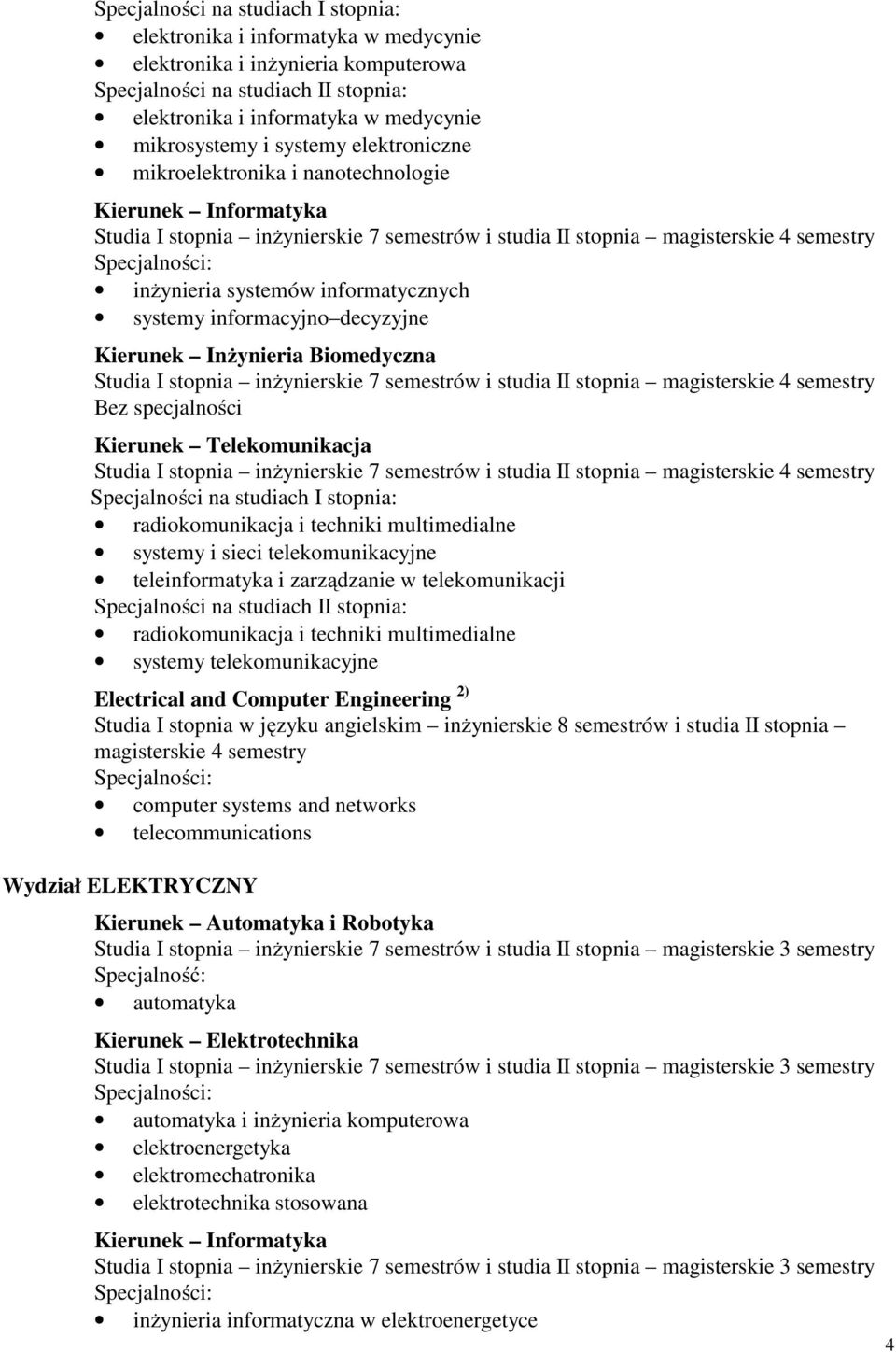 informatycznych systemy informacyjno decyzyjne Kierunek Inżynieria Biomedyczna Studia I stopnia inżynierskie 7 semestrów i studia II stopnia magisterskie 4 semestry Bez specjalności Kierunek