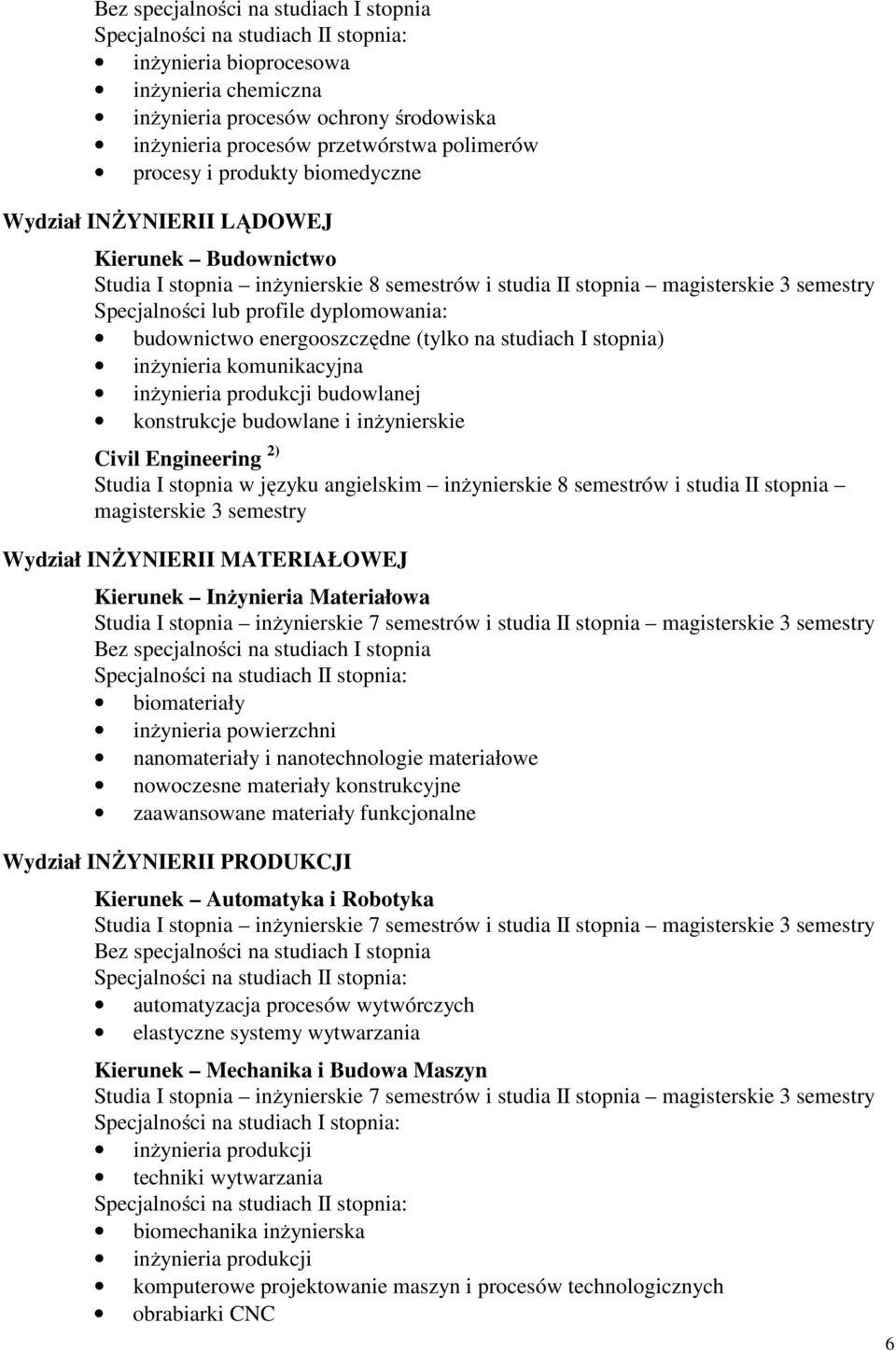 dyplomowania: budownictwo energooszczędne (tylko na studiach I stopnia) inżynieria komunikacyjna inżynieria produkcji budowlanej konstrukcje budowlane i inżynierskie Civil Engineering 2) Studia I