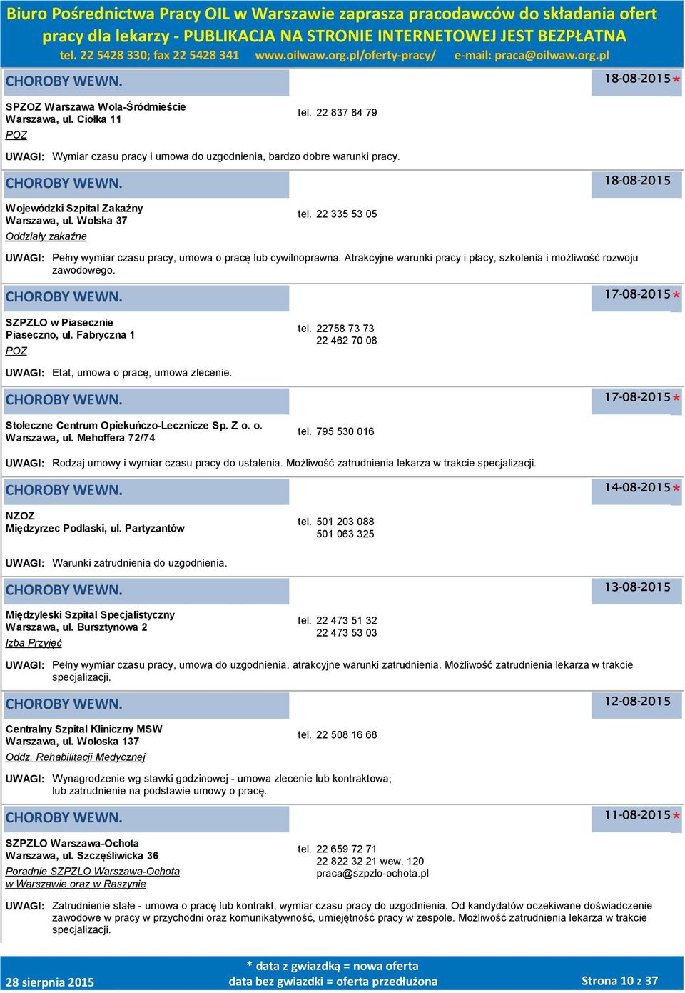 17-08-2015 SZPZLO w Piasecznie Piaseczno, ul. Fabryczna 1 POZ tel. 22758 73 73 22 462 70 08 UWAGI: Etat, umowa o pracę, umowa zlecenie. 17-08-2015 Stołeczne Centrum Opiekuńczo-Lecznicze Sp. Z o. o., ul. Mehoffera 72/74 tel.