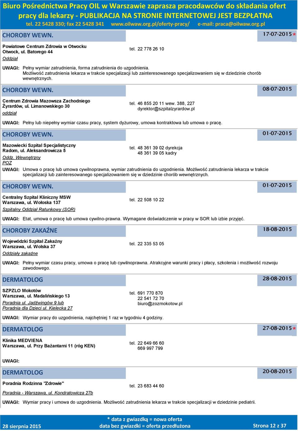 Limanowskiego 30 oddział tel. 46 855 20 11 wew. 388, 227 dyrektor@szpitalzyrardow.pl UWAGI: Pełny lub niepełny wymiar czasu pracy, system dyżurowy, umowa kontraktowa lub umowa o pracę.