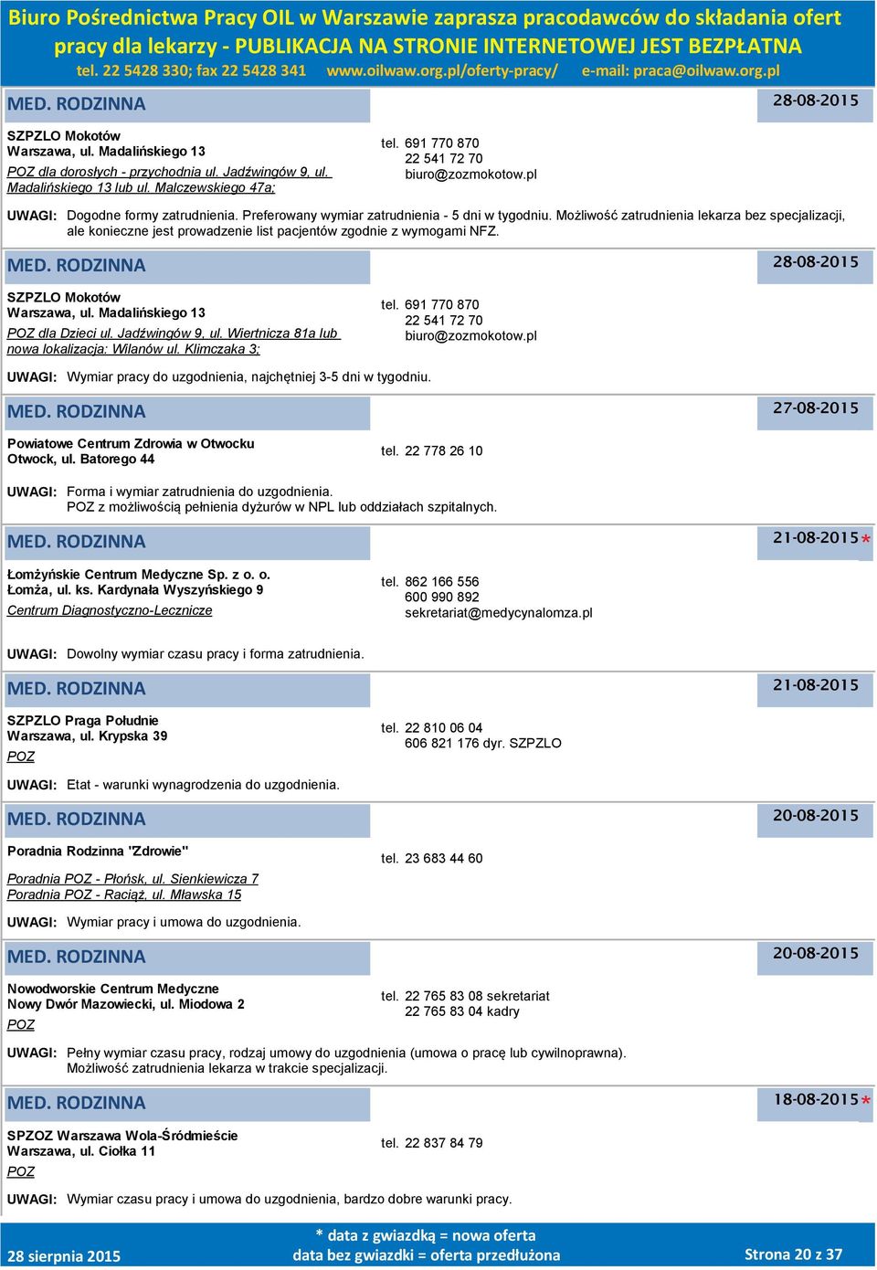 Możliwość zatrudnienia lekarza bez specjalizacji, ale konieczne jest prowadzenie list pacjentów zgodnie z wymogami NFZ. 28-08-2015 SZPZLO Mokotów, ul. Madalińskiego 13 POZ dla Dzieci ul.