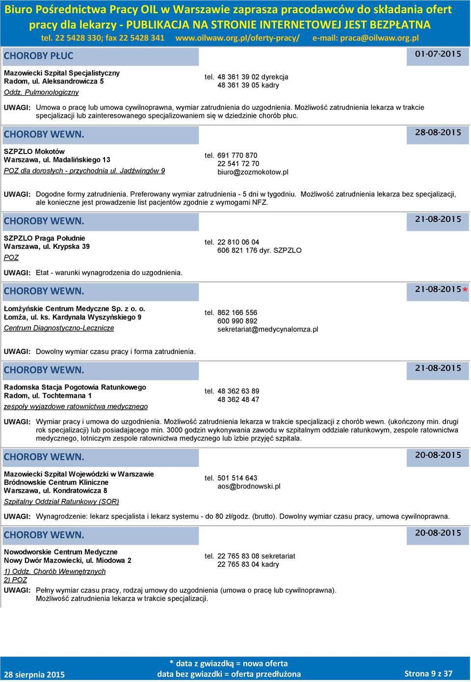 Możliwość zatrudnienia lekarza w trakcie specjalizacji lub zainteresowanego specjalizowaniem się w dziedzinie chorób płuc. 28-08-2015 SZPZLO Mokotów, ul.