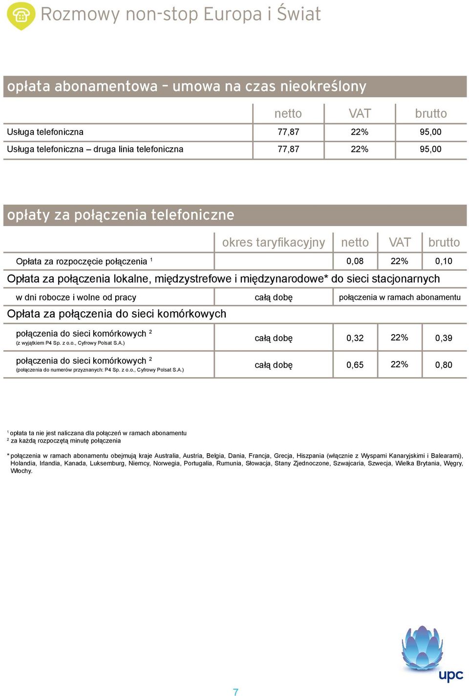 połączenia do sieci komórkowych 0,08 0,10 połączenia w ramach abonamentu połączenia do sieci komórkowych 2 (z wyjątkiem P4 Sp. z o.o., Cyfrowy Polsat S.A.