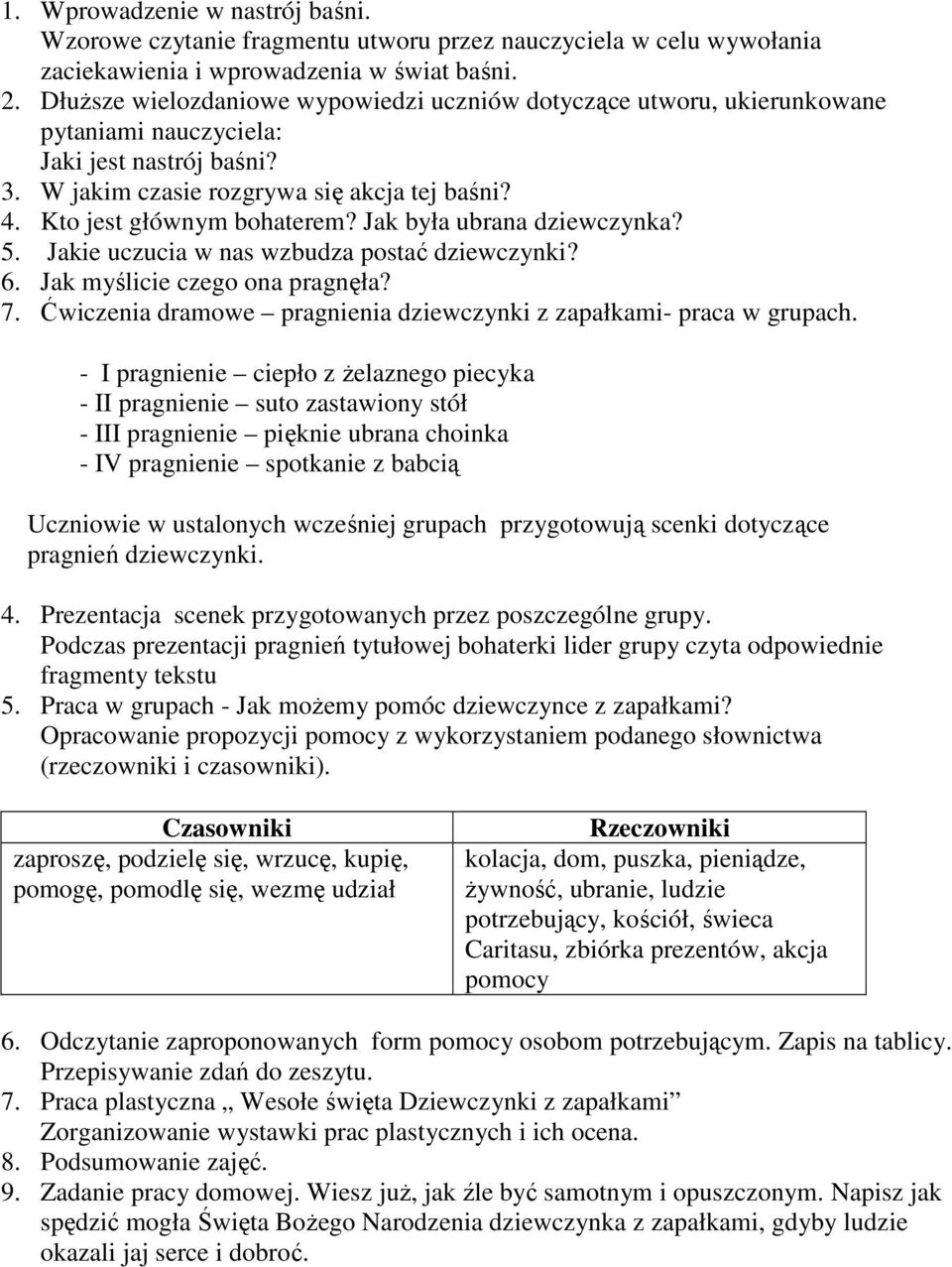 Jak była ubrana dziewczynka? 5. Jakie uczucia w nas wzbudza postać dziewczynki? 6. Jak myślicie czego ona pragnęła? 7. Ćwiczenia dramowe pragnienia dziewczynki z zapałkami- praca w grupach.