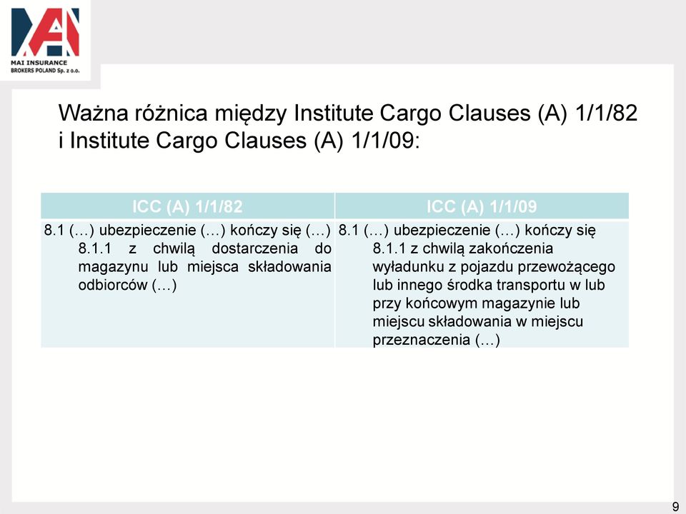 1 ( ) ubezpieczenie ( ) kończy się 8.1.1 z chwilą zakończenia wyładunku z pojazdu przewożącego lub innego środka