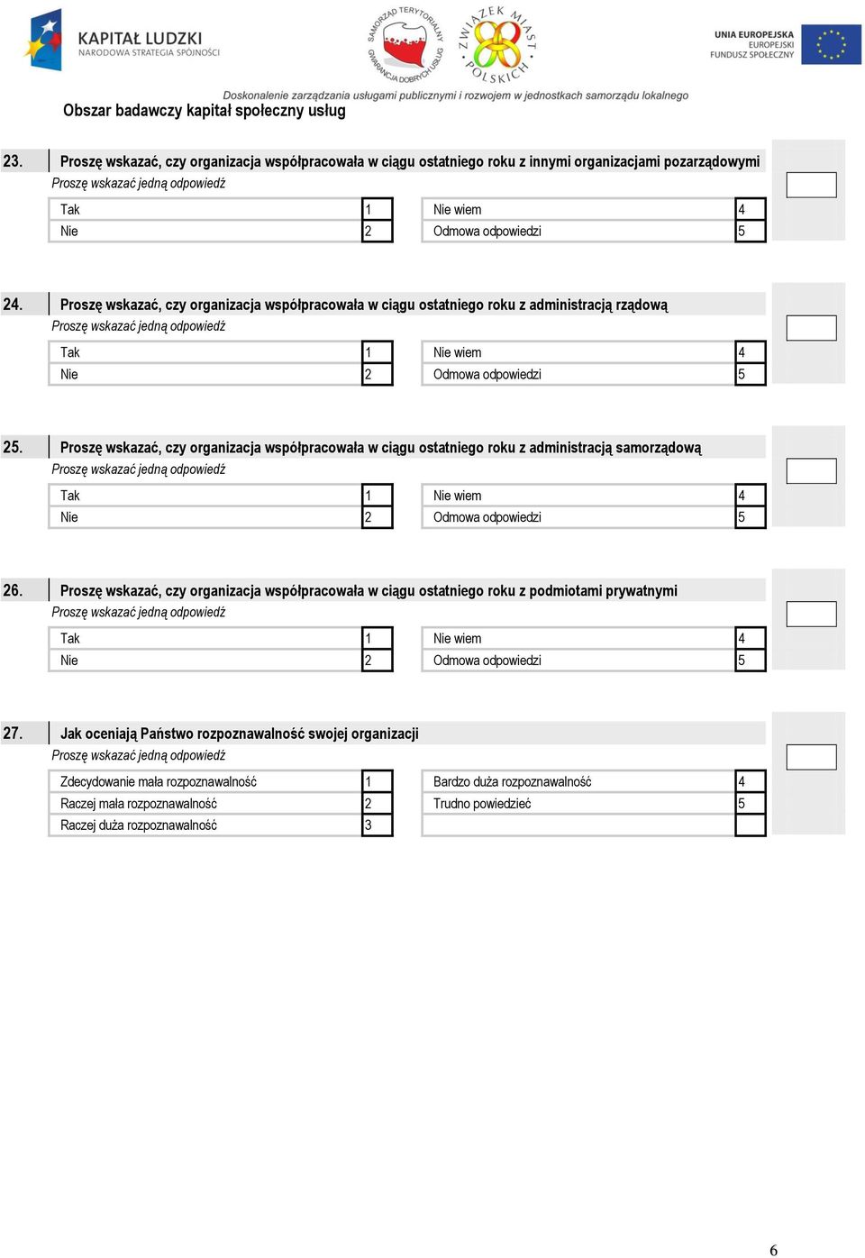 Proszę wskazać, czy organizacja współpracowała w ciągu ostatniego roku z administracją samorządową Tak 1 Nie wiem 4 Nie 2 Odmowa odpowiedzi 5 26.