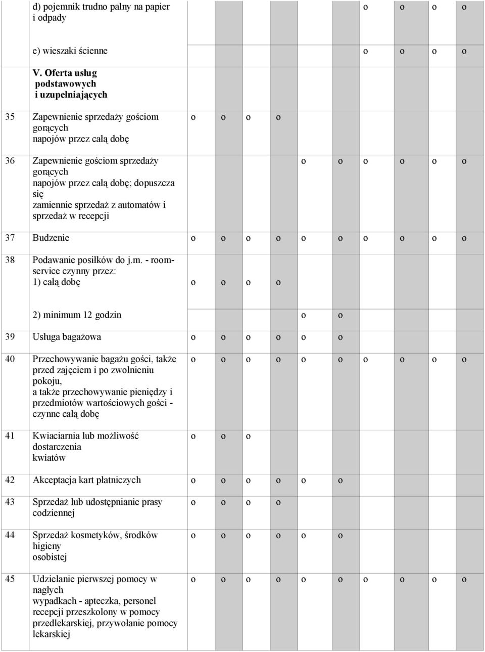 autmatów i sprzedaż w recepcji 37 Budzenie 38 Pdawanie psiłków d j.m. - rmservice czynny przez: 1) całą dbę 2) minimum 12 gdzin 39 Usługa bagażwa 40 Przechwywanie bagażu gści, także przed zajęciem i