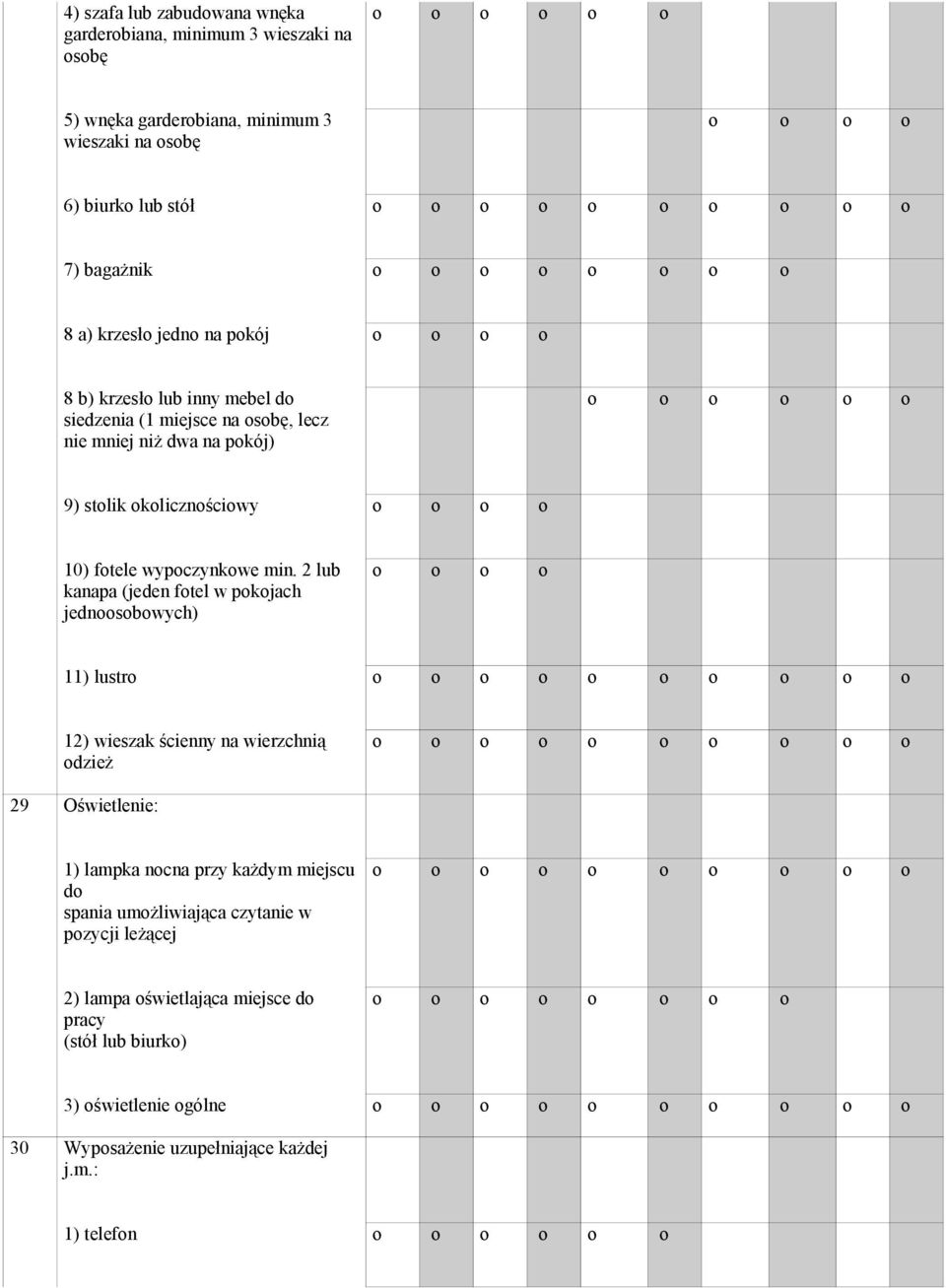 2 lub kanapa (jeden ftel w pkjach jednsbwych) 11) lustr 12) wieszak ścienny na wierzchnią dzież 29 Oświetlenie: 1) lampka ncna przy każdym miejscu d spania