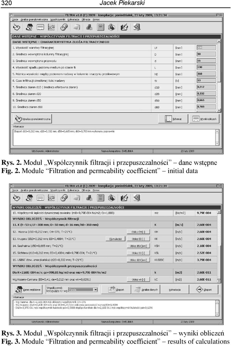 Module Filtration and permeability coefficient initial data Rys. 3.