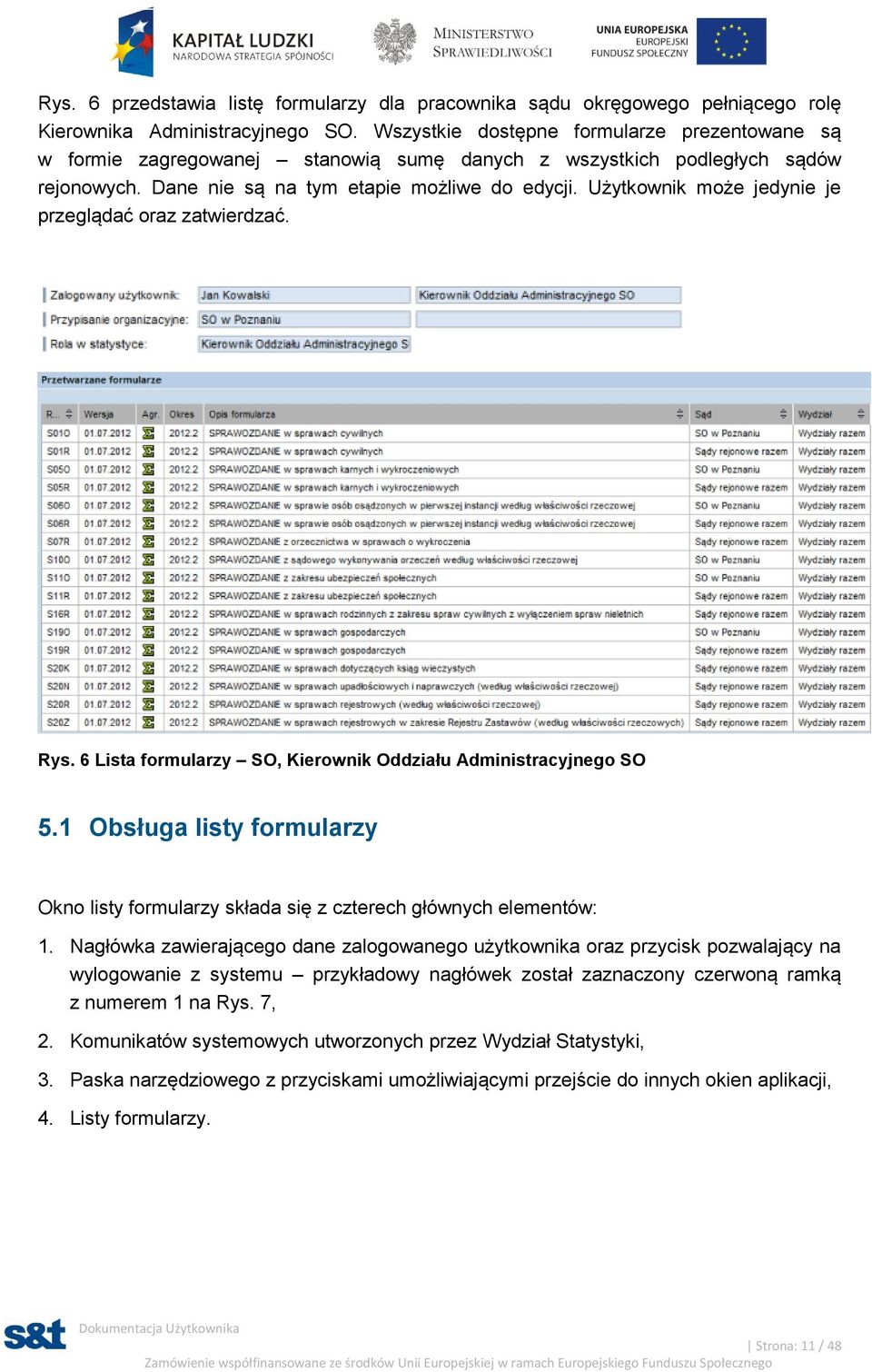 Użytkownik może jedynie je przeglądać oraz zatwierdzać. Rys. 6 Lista formularzy SO, Kierownik Oddziału Administracyjnego SO 5.